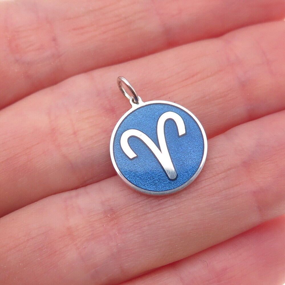 925 Sterling Silver Blue Enamel Aries Zodiac Sign Charm Pendant